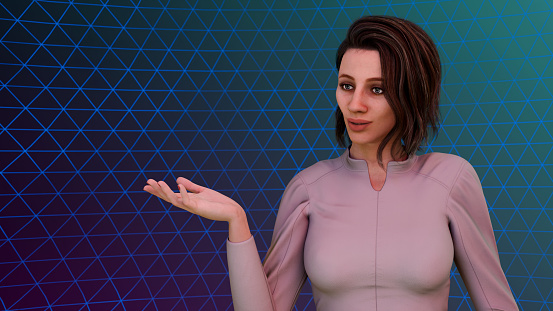 A futuristic 3D illustration featuring a confident young woman presenting copy space in a vibrant technology-light network, embodying the modern gaming lifestyle.