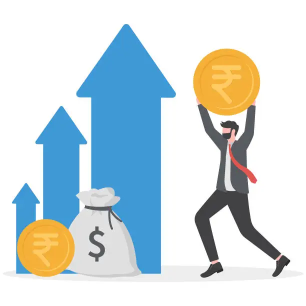 Vector illustration of Investor with Indian Rupee Profit Revenue, Investing Capital and Stock Trading Finance concept