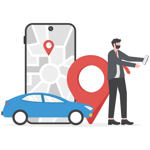Vector illustration of Person using Location App Ordering Taxi. Online Taxi Transport service. Cab booking Mobile App