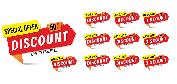 Set of Different percent discount sticker  Red and yellow. 10 to 90 percent off price. Design for offer, clearance, emblems, special offer tag element, flat, banners, Vector and Illustration.