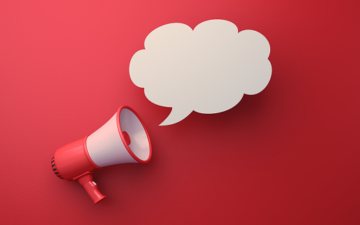3d Render Red & White Megaphone on Empty Speech Bubble Soft Red Background, It can be used for concepts such as discount, announcement, election, vote, policy, state, winning, losing