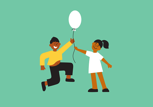 Happy childhood vector illustration. Cheerful children playing together. Cute girl holding balloon in hand smiling boy laughing jumping. Kids leisure activity. Children's day card. Little friends game