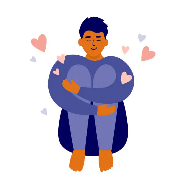 Vector illustration of Wellbeing, acceptance, selfcare vector illustration with happy smiling man sitting hugging self knees