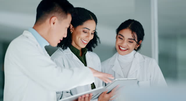 Scientist, teamwork and tablet for laboratory research, data analysis and medical results or report. Doctors, science students or women and mentor digital technology for healthcare advice or support