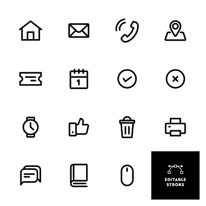 Contact Us Line Icon Set contains such icons as home, mail, call us, address, date, ticket, support, print, thumb, and so on. Editable Stroke, Customizable Stroke Width, and Adjustable Colors. Suitable for Infographics, Web Pages, Mobile Apps, UI, UX, and GUI design.