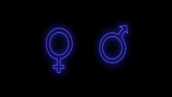 Abstract blue neon gender symbol icon. 3D rendered illustration. Human symbol with bright futuristic blue neon lights on black background.