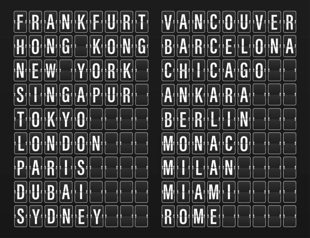 istock Airport flip board panel with flight info and alphabet. Airport board for departure and arrive. Flipping departure countdown. Schedule arriving for travel. Timetable on terminal. Vector illustration 1957837336