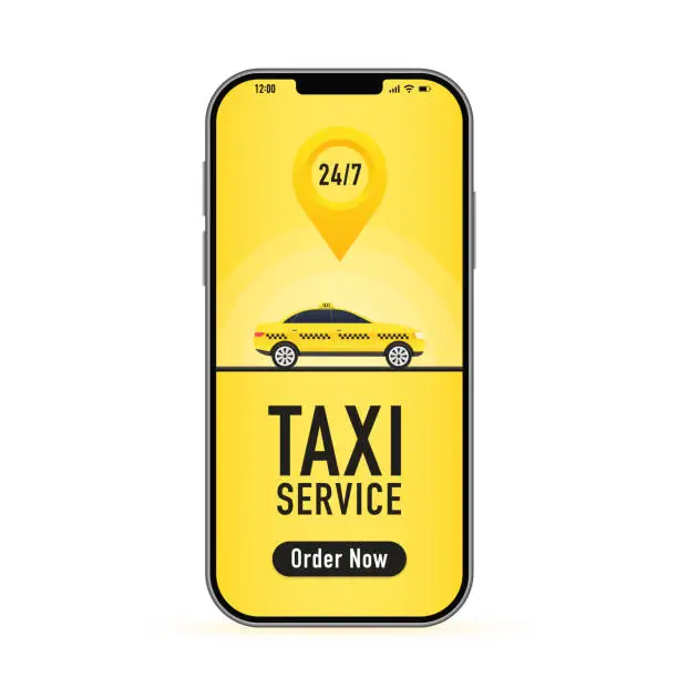 Vector illustration of Taxi service vector cab app design flyer. Taxi mobile for UI UX website. Taxi mobile application or ordering taxi online from smartphone concept. 24 hour service. Vector illustration