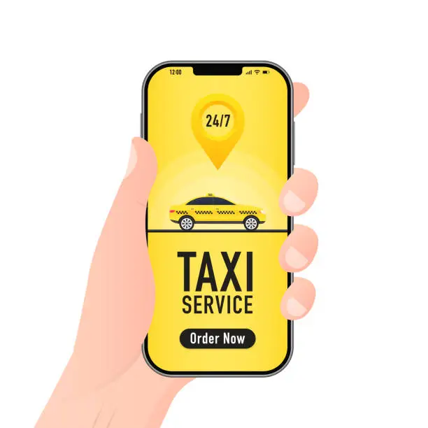 Vector illustration of Taxi service vector cab app design flyer. Taxi mobile for UI UX website. Taxi mobile application or ordering taxi online from smartphone concept. 24 hour service. Vector illustration