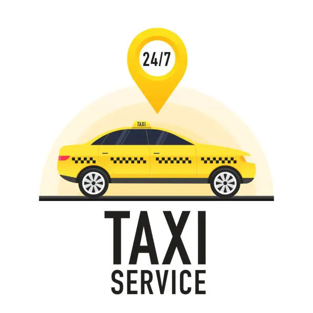 Vector illustration of Taxi service vector cab app design flyer. Taxi mobile for UI UX website. Taxi mobile application or ordering taxi online from smartphone concept. 24 hour service. Vector illustration