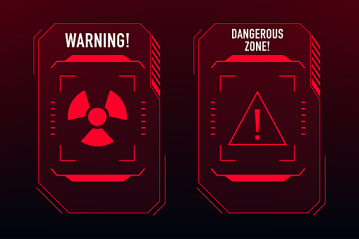 Danger and dangerous zone warning red frames. Vector HUD interface caution message holograms, warning and attention windows of radiation hazard. Security technology background. Vector illustration