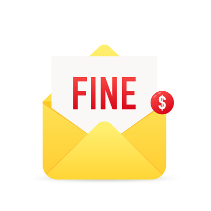 Fine by mail, vector icon. Envelope with a fine. Landing page business metaphor. Punishment document in envelope. Fine concept. Vector illustration
