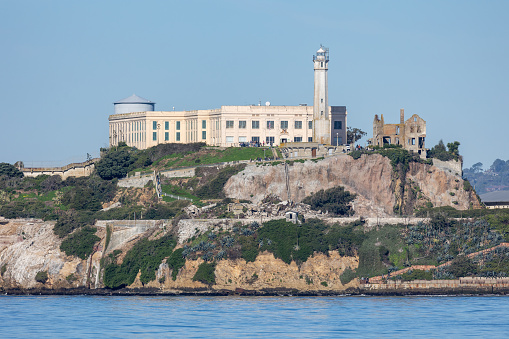 San Francisco, CA - January 6 2024:  View of Alcatraz prison and island from Fisherman's Wharf