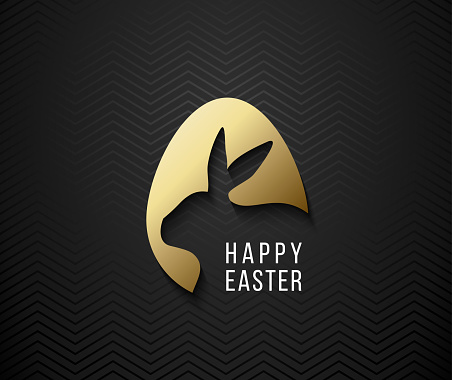 Happy Easter greeting card with golden paper cut egg shape frame, Easter rabbit silhouette. Easter Bunny logo. Black zigzag pattern background and white Happy Easter text. Minimalistic modern banner.