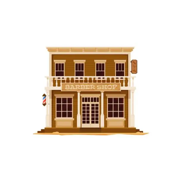 Vector illustration of Western Wild West town barber shop, salon building