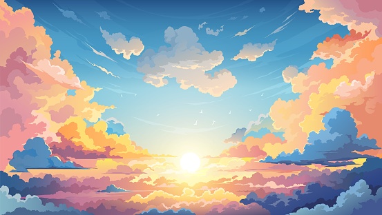 Sky sunset anime background with clouds, that dance across the horizon, creating a breathtaking and serene backdrop. Cartoon vector cumulonimbus cloudscape, heaven, nature peaceful dusk landscape