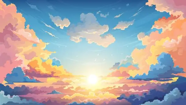 Vector illustration of Sky sunset anime background with clouds on horizon