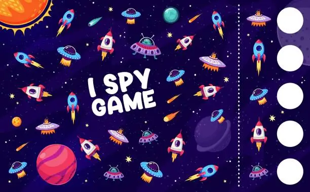 Vector illustration of I spy game worksheet,space rockets, planets, UFO