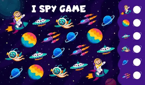 Vector illustration of I spy game. Cartoon UFO, alien, astronaut, rocket