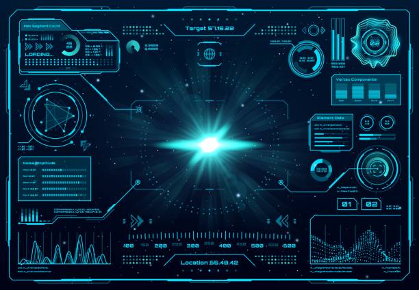 Spaceship radar screen interface HUD dashboard Spaceship radar screen interface or HUD dashboard of control panel, vector background. Futuristic spaceship dashboard UI for game, HUD technology virtual display with information boxes and target aims military borders stock illustrations