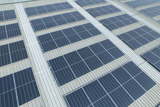 istock Solar panels of factory rooftop 1957880747