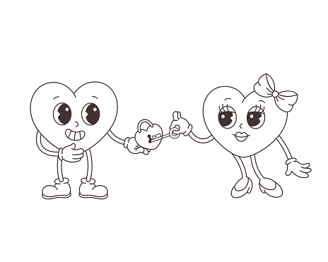 Groovy retro cartoon heart characters. Outline hearts, coloring book. Valentines day, love couple. Vector illustration