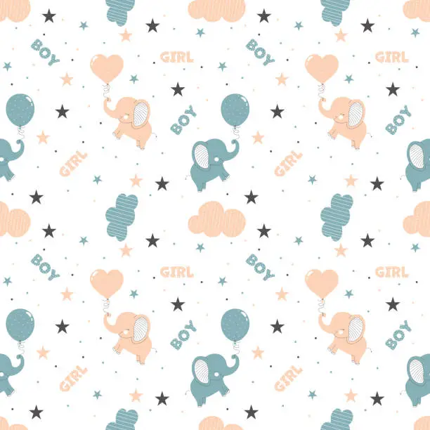 Vector illustration of Seamless pattern with cute elephants, balloons and boy and girl lettering on white background. Children's theme. For design of prints, posters, postcards, children's clothes, invitations for children's party.