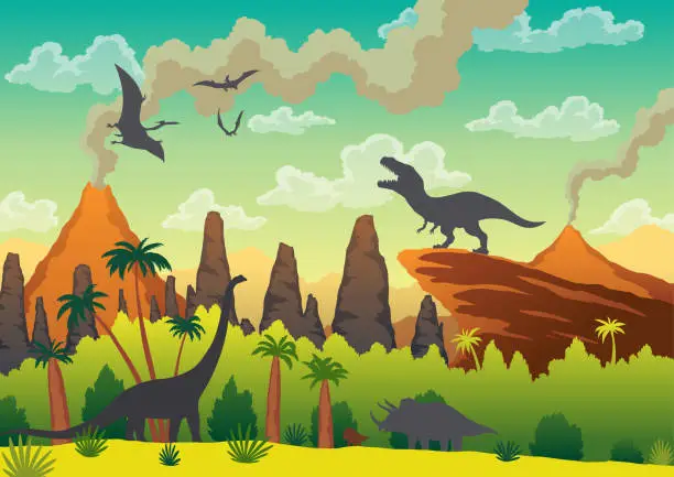 Vector illustration of Prehistoric landscape - volcano with smoke, mountains, dinosaurs and green vegetation. Vector illustration of beautiful prehistoric landscape and dinosaurs