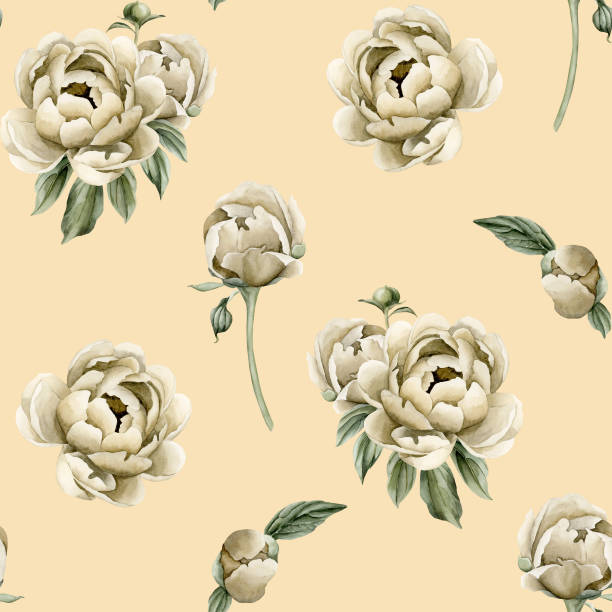 istock Floral watercolor seamless pattern with beige peony flowers, buds and green leaves on light pink background. 1957905229