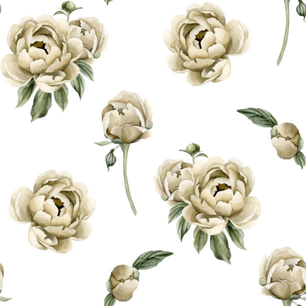 istock Floral watercolor seamless pattern with beige peony flowers, buds and green leaves on white background 1957905232