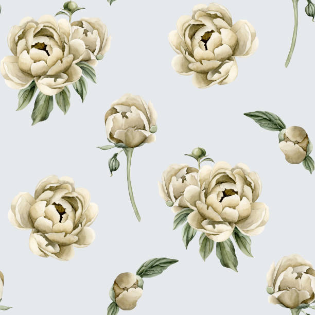 istock Floral watercolor seamless pattern with beige peony flowers, buds and green leaves on light blue background 1957905233
