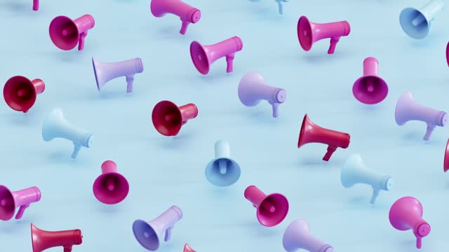 Moving and rotating megaphones, 4k loopable animated video