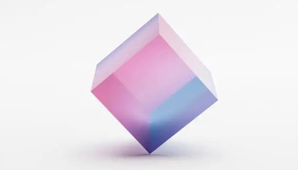 Photo of pink colored cube on a digitally rendered 3d image with soft background in front view