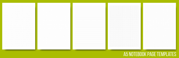 Notepad page layouts set in lined, squared, dotted, cross pattern. Note, notebook paper sheet on background. Vector illustration. Collection of white paper blank for memo or message. Print size A5.