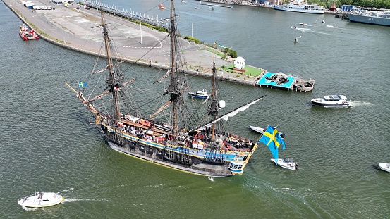 Tallship Gothenburg arriving to city Gothenburg, saluting to the city