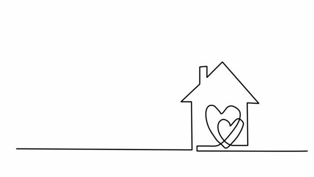 Continuous single line drawing. Two hearts inside a house, a symbol of love and family. Minimalist continuous animation of drawing your own line