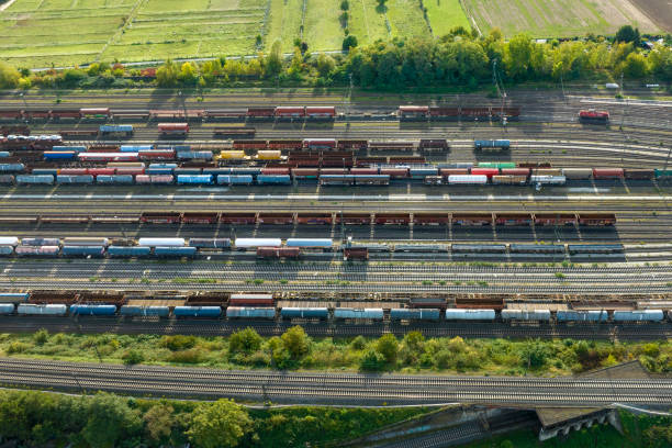 istock Railyard, shunting yard and freight trains - aerial view 1957992489