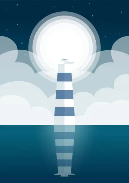 Vector illustration of Scenic landscape of a sea shore with lighthouse at night. Marine horizon with clouds landscape background.