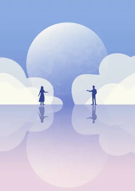 Vector illustration of Romantic illustration of lovers dating under the moonlight. Sky with clouds aesthetic art poster.