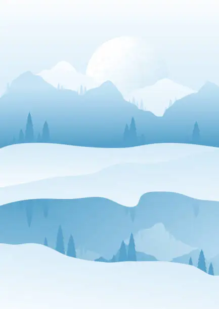 Vector illustration of Mountains winter landscape with white peaks illustration. Aesthetic boho background