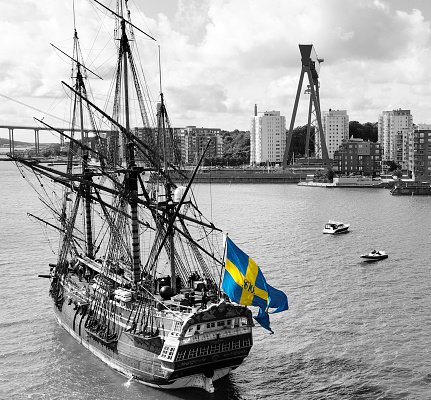 Tallship Gothenburg arriving to city Gothenburg, saluting to the city