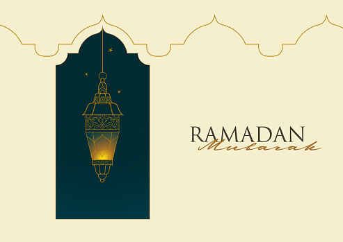 Vector premade Ramadan Mubarak card. A4 page size. Vintage banner for yours Ramadan wishing. Arabic shining lantern, arch. Place for greeting text. Islamic Holidays background. Muslim feast of Ramadan month.