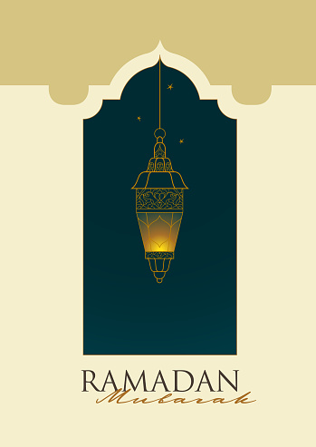 Vector premade Ramadan Mubarak card. A4 page size. Vintage banner for yours Ramadan wishing. Arabic shining lantern, arch. Place for greeting text. Islamic Holidays background. Muslim feast of Ramadan month.