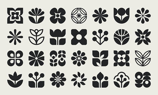 Graphic flower and leaves icons. Simple geometric flower icons.
