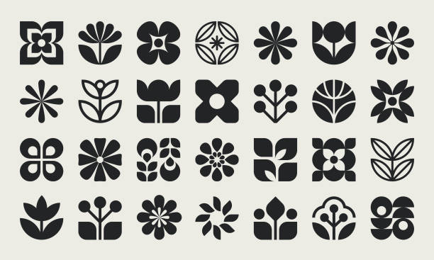 Graphic Flower and Leaves Icons vector art illustration