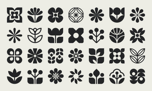 Graphic Flower and Leaves Icons Graphic flower and leaves icons. Simple geometric flower icons. flower head stock illustrations