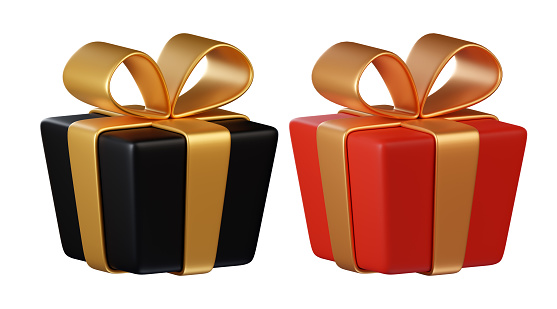 3d icon set of giftbox. Black and red gift box with gold satin bow isolated on white background. Cube shape present box. Holiday design element for sale, advertising banner. 3d rendered illustration