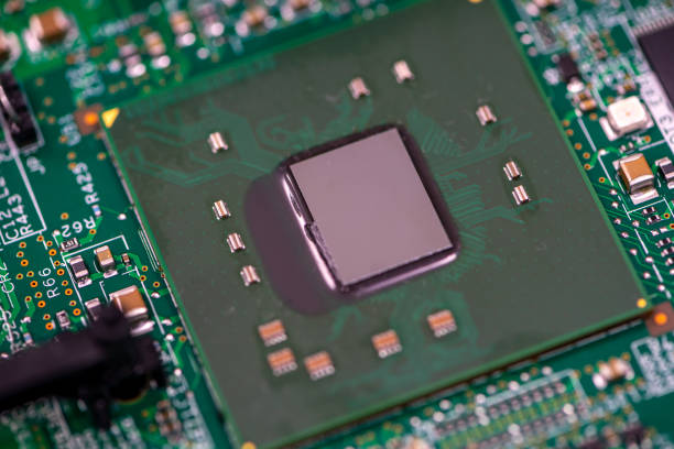 Close-up of a processor. Integrated circuit. Electronic components.