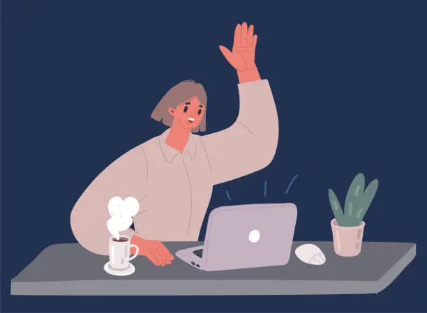 Vector illustration of Professional business woman sitting at desk and connecting with her laptop, she is video calling her colleague and sharing files online on the cloud