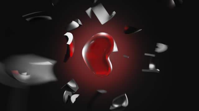 Rotating metal black heart breaks into pieces. 3D Looped background.